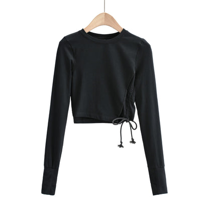 Side Drawstring Mesh Splicing Round Neck All-Match Long Sleeves Crop Top Wholesale Women Top