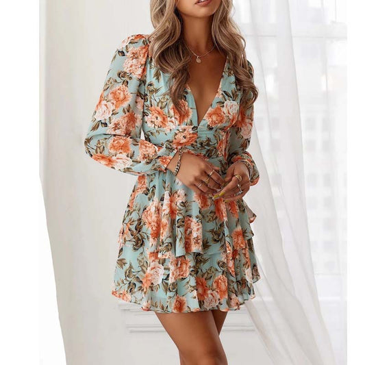 Floral Print Deep-V Open Back Lantern Sleeve High Waist Double Ruffle Dress Chic Wholesale Dresses