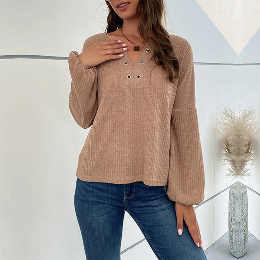 Long-Sleeve Solid Color V-Neck Sweater Wholesale Womens Tops