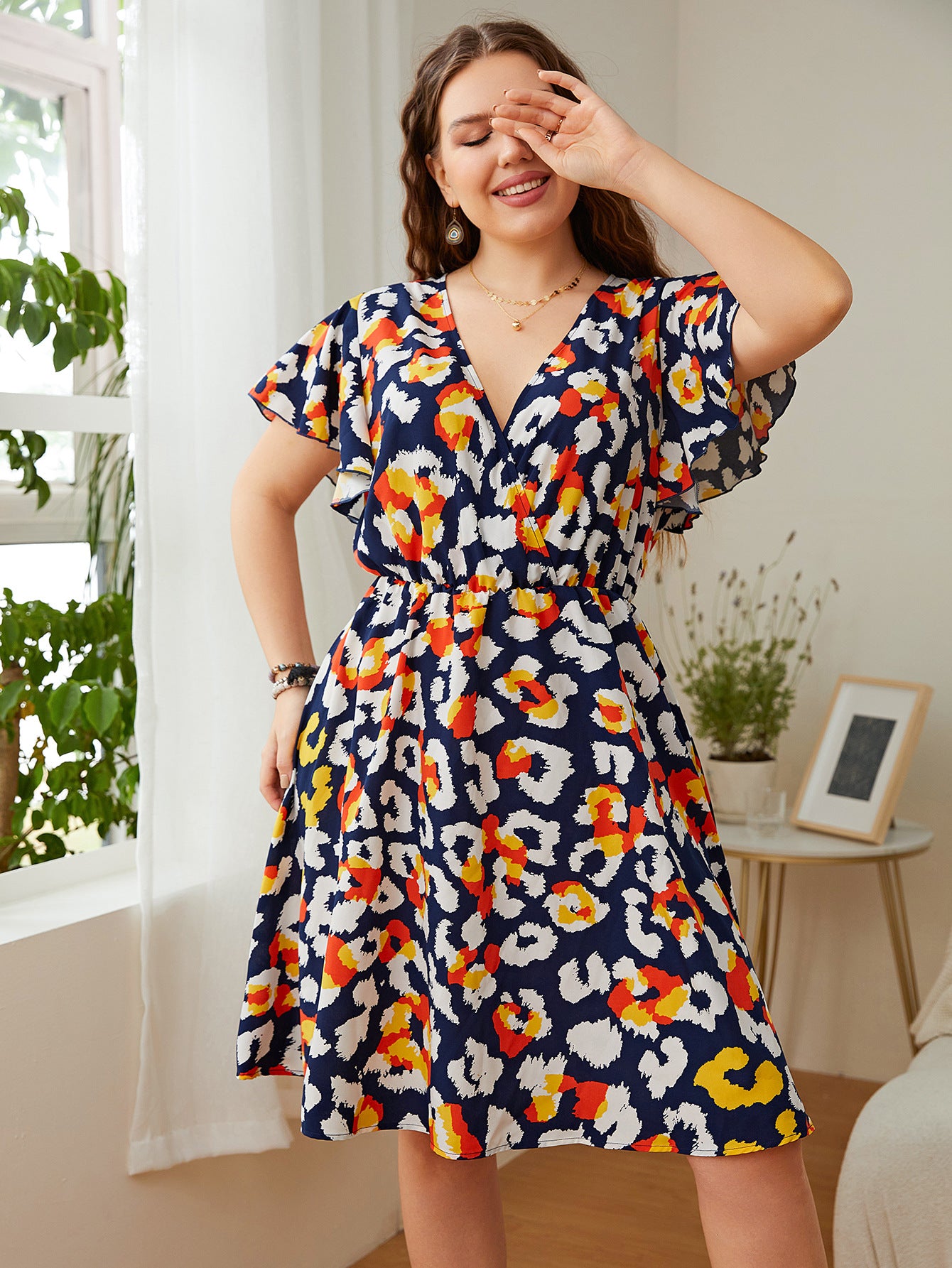 Fashion Print V Neck A-Line Dress Loose Short Sleeve Plus Size Wholesale Dresses