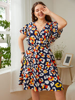 Fashion Print V Neck A-Line Dress Loose Short Sleeve Plus Size Wholesale Dresses