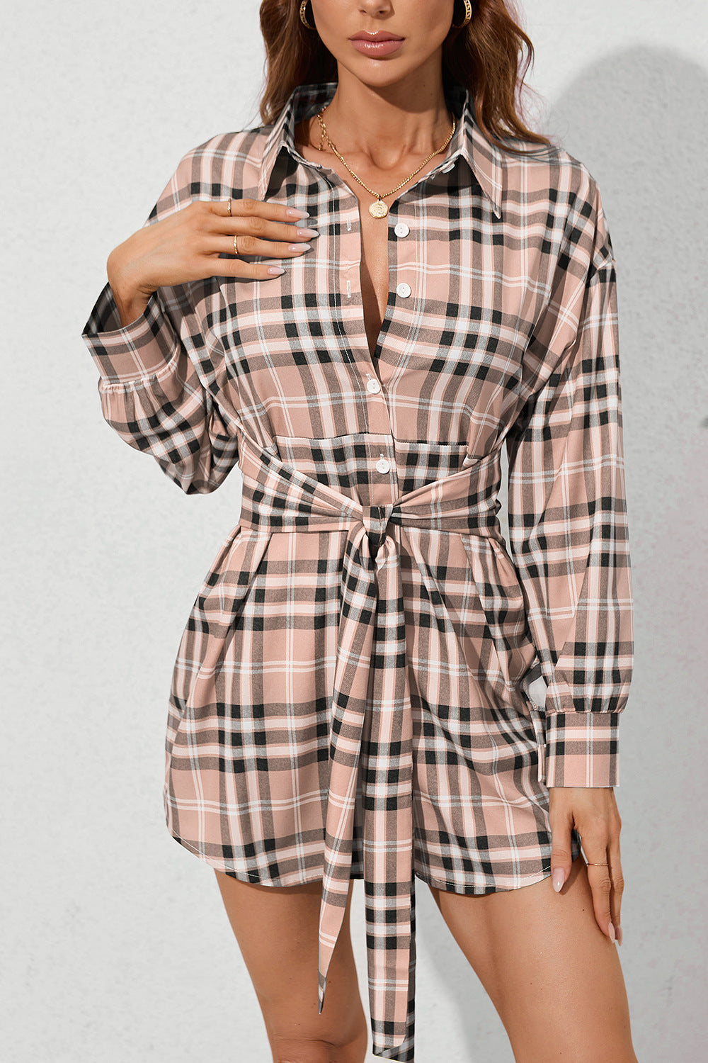 Plaid Print Lace-Up Long-Sleeve Shirtdress Wholesale Shirt Dresses