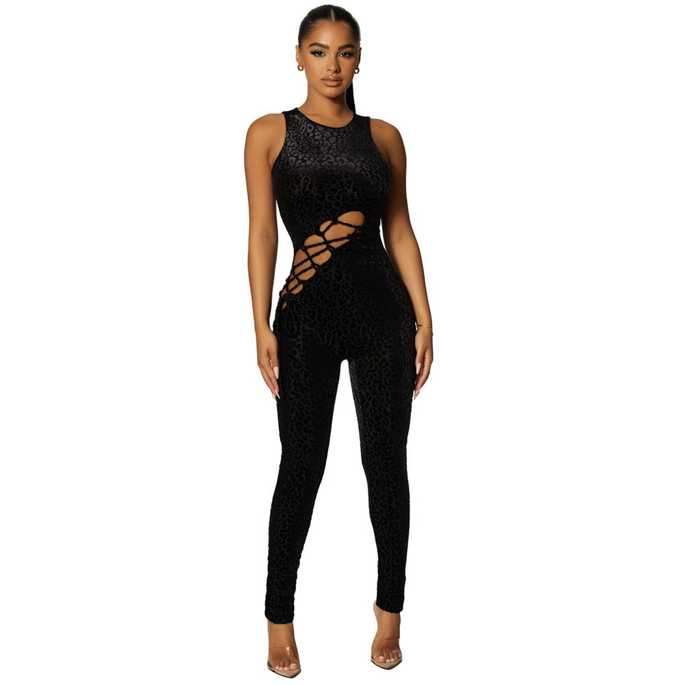 Graphic O-Neck Sleeveless Hollow Drawstring Skinny High Waist Rompers