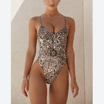 Sleeveless Spaghetti Strap Leopard Print Belted Wholesale One Piece Sets