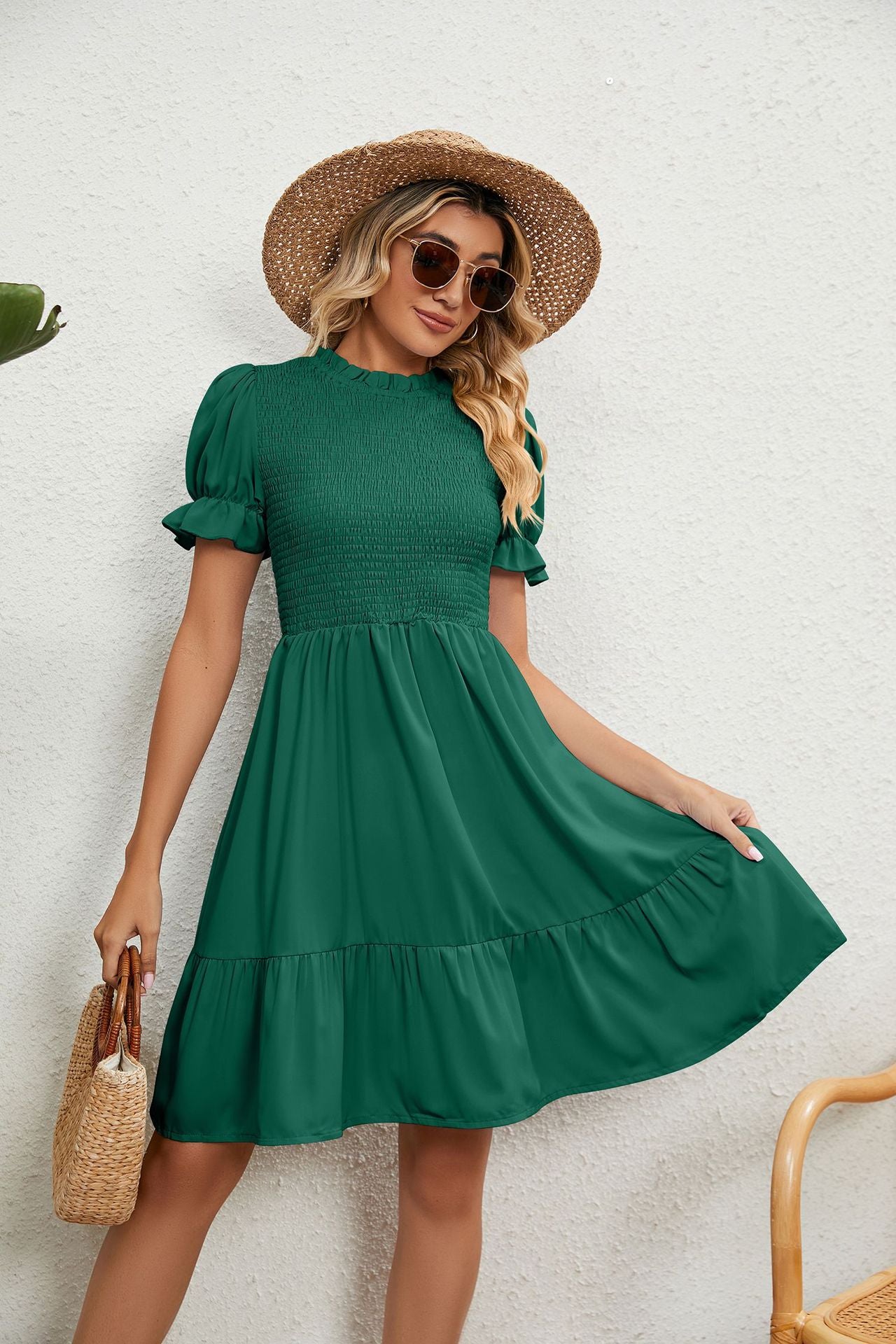 Round Neck Solid Color Short Sleeve Ruffled Dress Wholesale Dresses