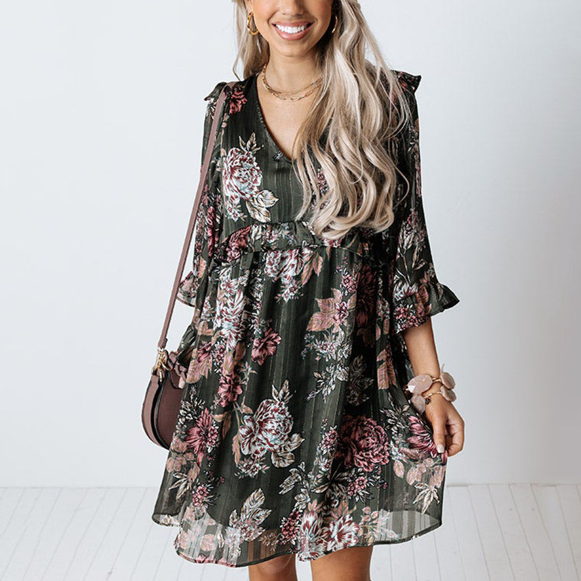 Fashion Printed V-Neck Ruffled 3/4 Sleeve Casual Dress Wholesale Dresses Chiffon Dress Chic