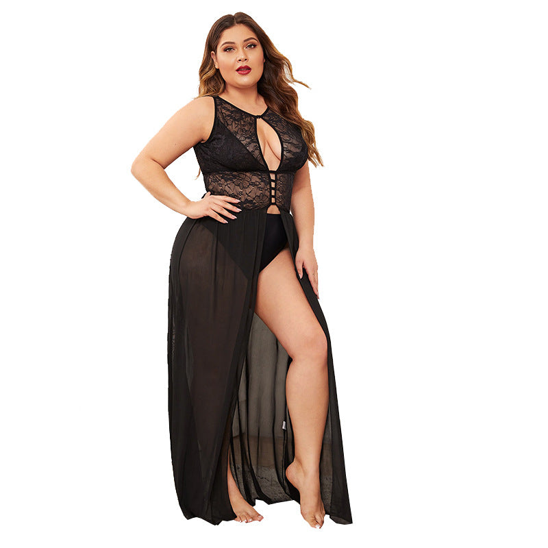 Sexy Lace Mesh Sheer Hollow Out Sleeveless High Slit Wholesale Plus Size Lingerie For Women