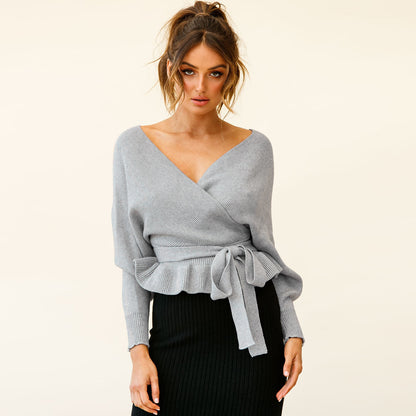 V-neck long-sleeved Backless Ruffled Hem Strappy Waist sweater