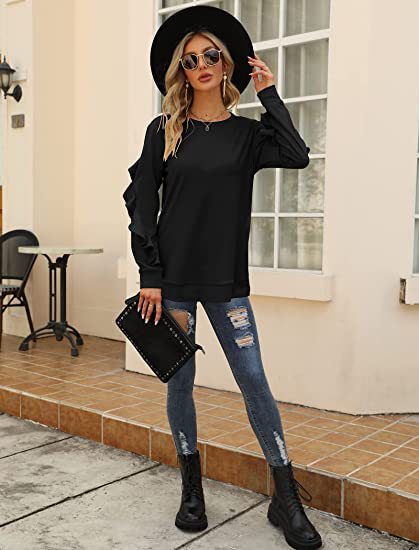 Ruffled Long-Sleeve Crew Neck T Shirts Wholesale Womens Tops