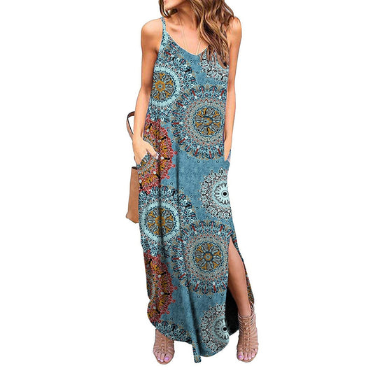 Peacock Flower Printed Loose Slit Sling Swing Dress Sexy Wholesale Maxi Dresses