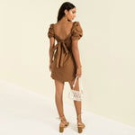 Elegant Ruffle Sleeve Pleated Dress Solid Color Square Neck Lace-Up Wholesale Dresses