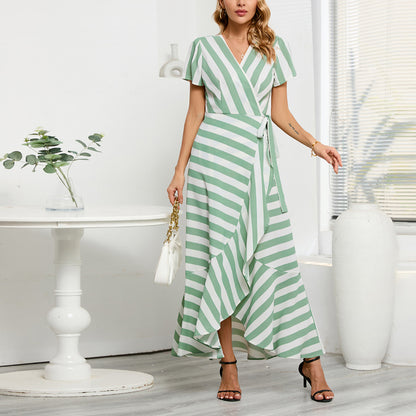 Fashion Slim Striped Swing Ruffle Wrap Dress Wholesale Maxi Dresses