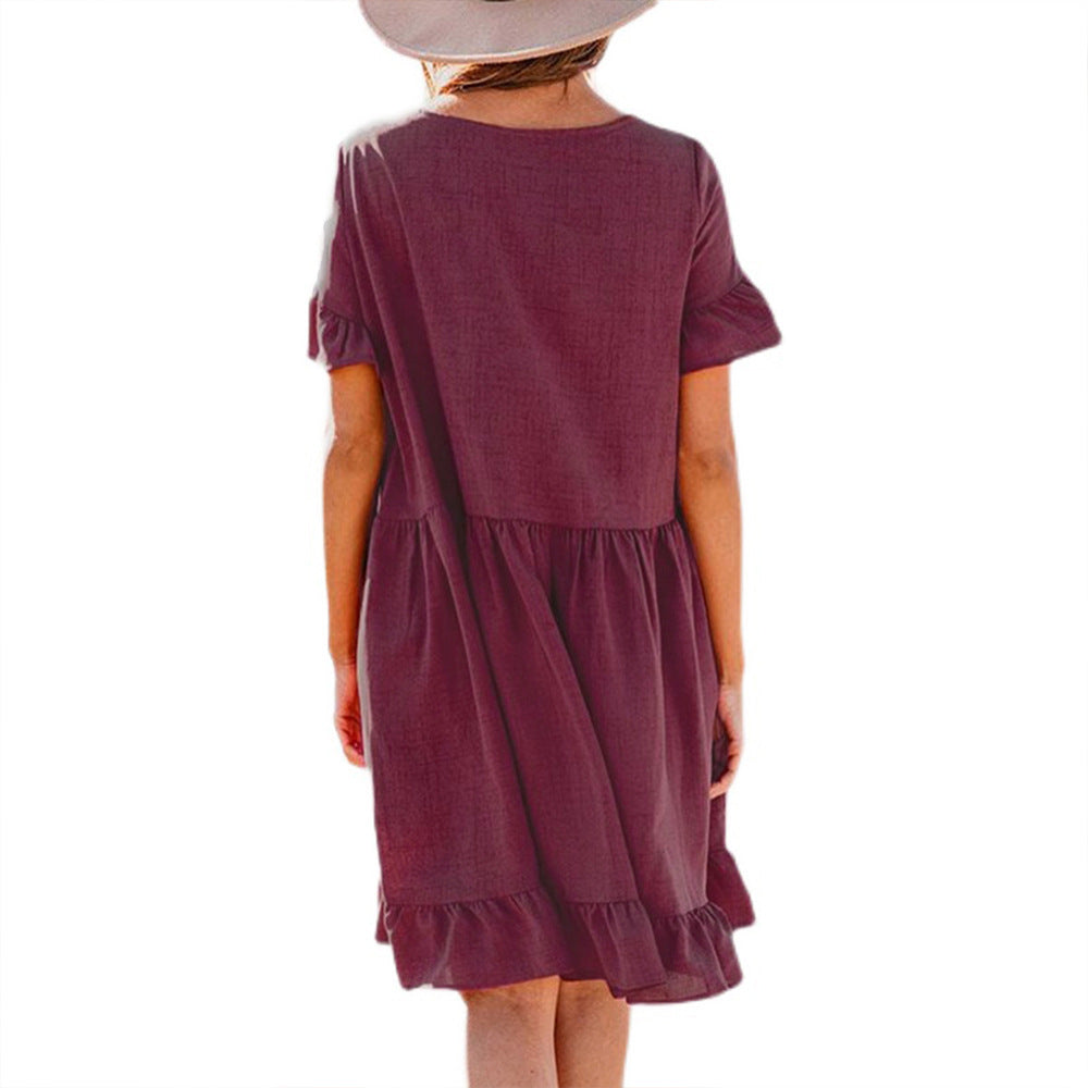 Solid Color Ruffle Short Sleeve Round Neck Wholesale Swing Dresses