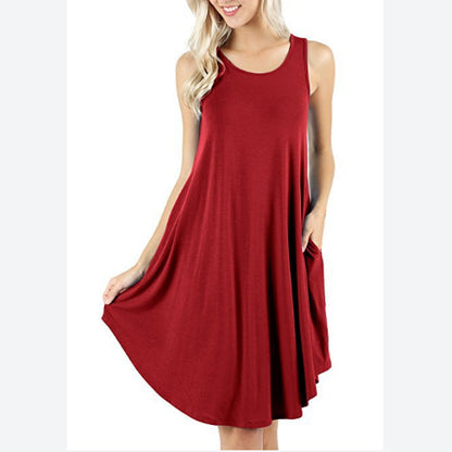 Summer Sleeveless Casual Modal  Midi Dress Wholesale Crew Neck Swing Tank Dresses With Pockets