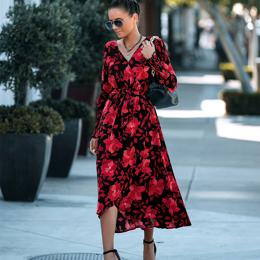 V-Neck Floral Print Long-Sleeve Wrap Dress Wholesale Dresses