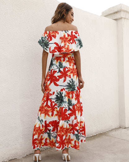 Leopard & Floral Printed Ruffled Off Shoulder Wide Lapel Resort Dress Wholesale Maxi Dresses