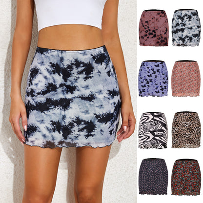 Printed Mesh Short High Waist Double-layer Hip Skirt