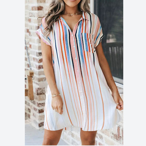 Casual Loose Striped Shirt Dress Short Sleeve Single-Breasted Wholesale Dresses