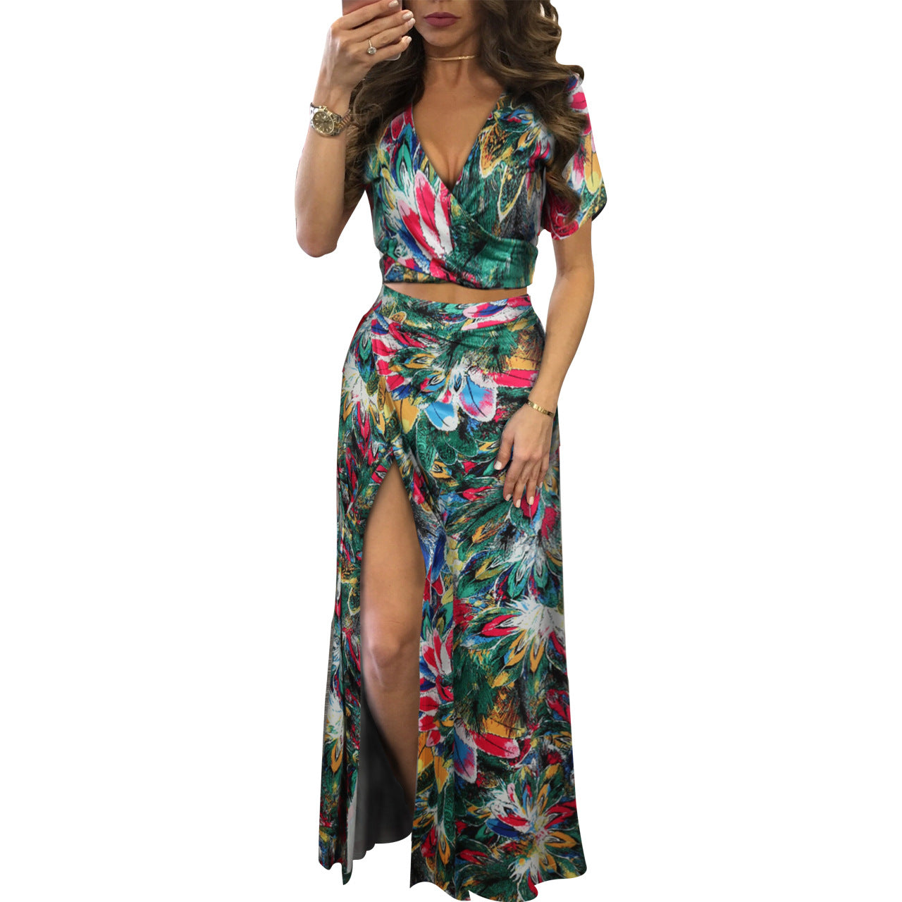 Floral Printed Short Sleeve Lace Up Crop Tops & Slit Maxi Skirt Vacation Clothing Wholesale Womens 2 Piece Sets