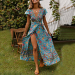Floral V Neck Wholesale Bohemian Dresses Tie Waist Maxi Wrap Dresses Summer