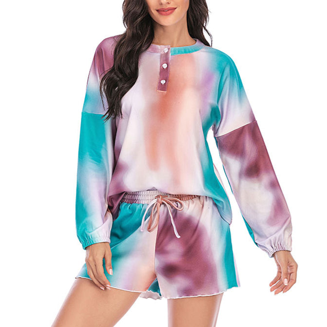 Tie Dye Print Long Sleeve Tops & Shorts Homewear Pajamas Sets Wholesale Loungewear