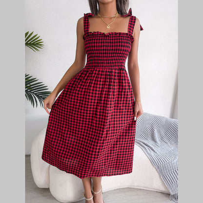 Casual Square Collar Plaid Lace-Up Dress High Waist A-Line Midi Wholesale Dresses