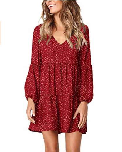 Fashion Printed V Neck Lantern Sleeve Casual Mini Dress Wholesale Dresses Loose