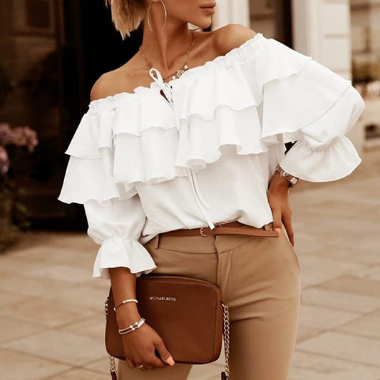 Off-Shoulder Pleated Solid Color Long-Sleeved Layered Blouses Wholesale Women Tops