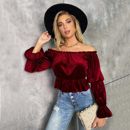 Long-Sleeved Women T-Shirt Off Shoulder Design Wholesale Crop Tops