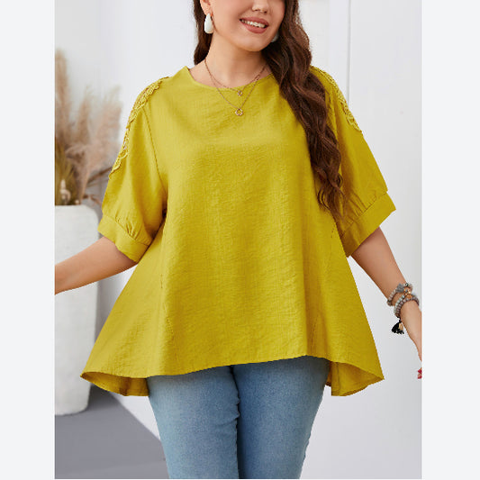 Lace Embroider Short Sleeve Round Neck Wholesale Plus Size Tops for Summer