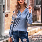 Fashion Mesh Stitching Long Sleeve Zipper V-Neck Shirts Wholesale Womens Tops