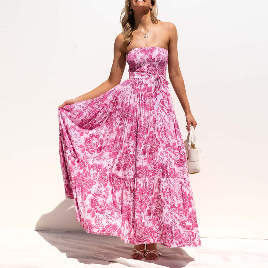 Floral Print Off Shoulder Tie Waist Wholesale Maxi Dresses Summer