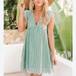 Solid Color V Neck Lace Hollow Frill Sleeve Loose Tank Dress With Pocket Casual Wholesale Dresses