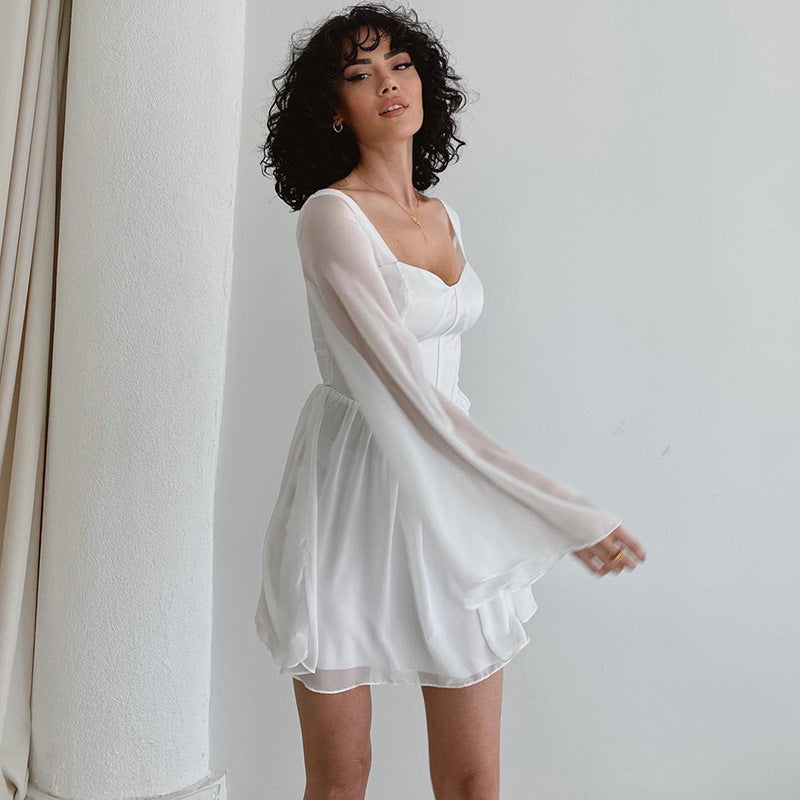 Lace Long Sleeve Corset Square Neck Wholesale White Dresses for Women