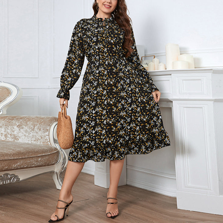 Wholesale Plus Size Women Clothing Commuter Tie Round Neck Floral Lace Long-Sleeved Midi Dress