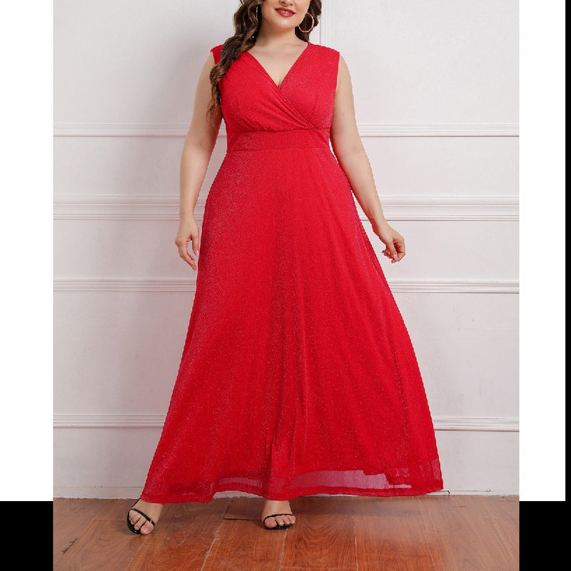 Wholesale Women'S Plus Size Clothing Sleeveless V Neck Slim Fit Big Swing Solid Color Dress