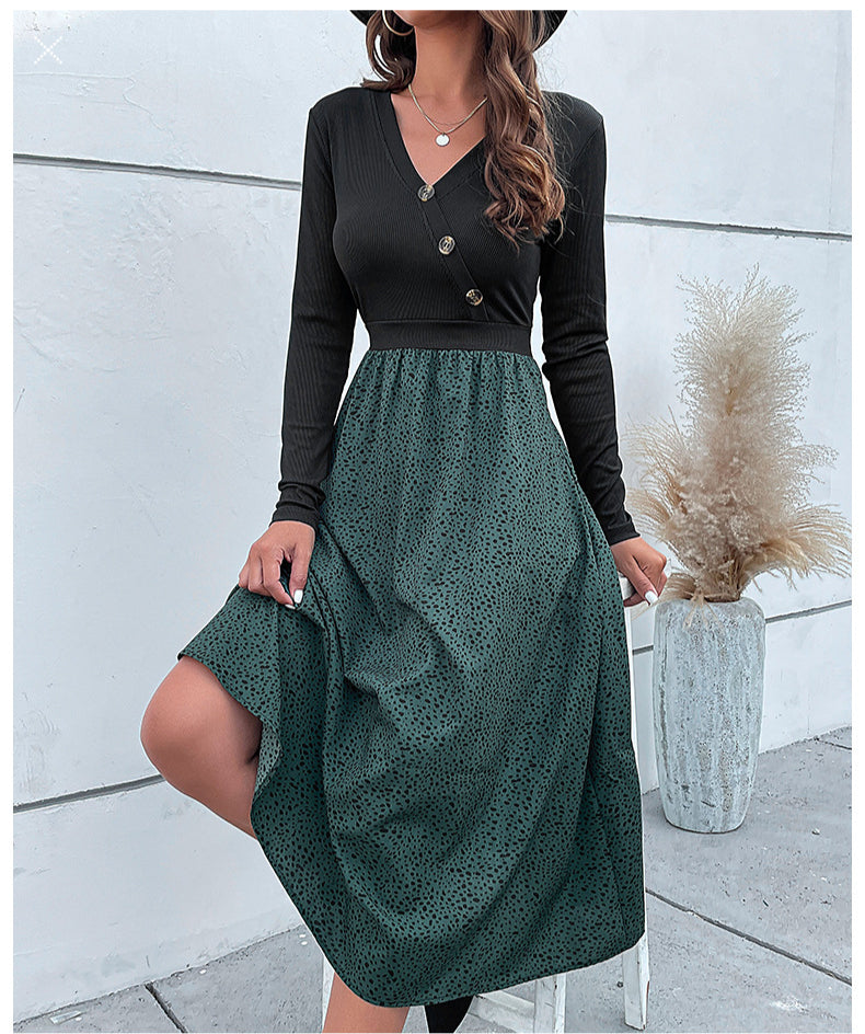 Fashion Button Dot Print Casual Midi Swing Dress Wholesale Dresses