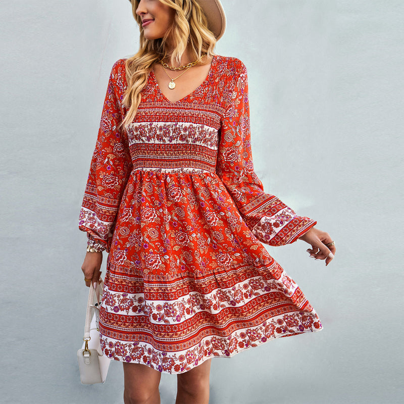 Casual V Neck A-Line Dresses Long Sleeve Print Wholesale Bohemian Dress For Women