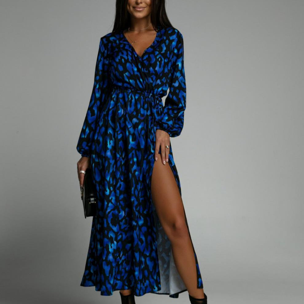 Fashion Printed Long Sleeve Waist Slit A-Line Dress Wholesale Dresses