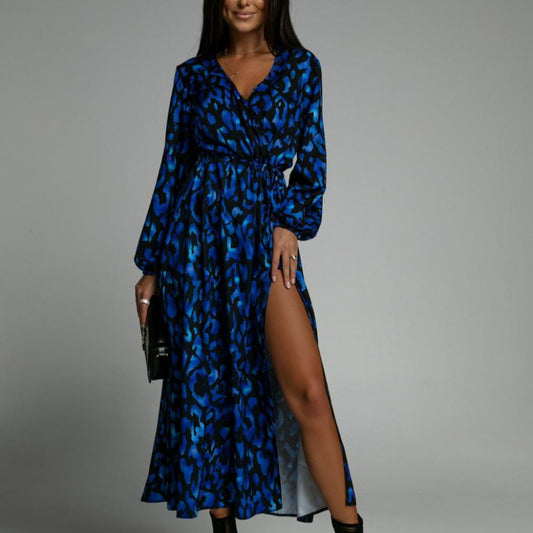 Fashion Printed Long Sleeve Waist Slit A-Line Dress Wholesale Dresses