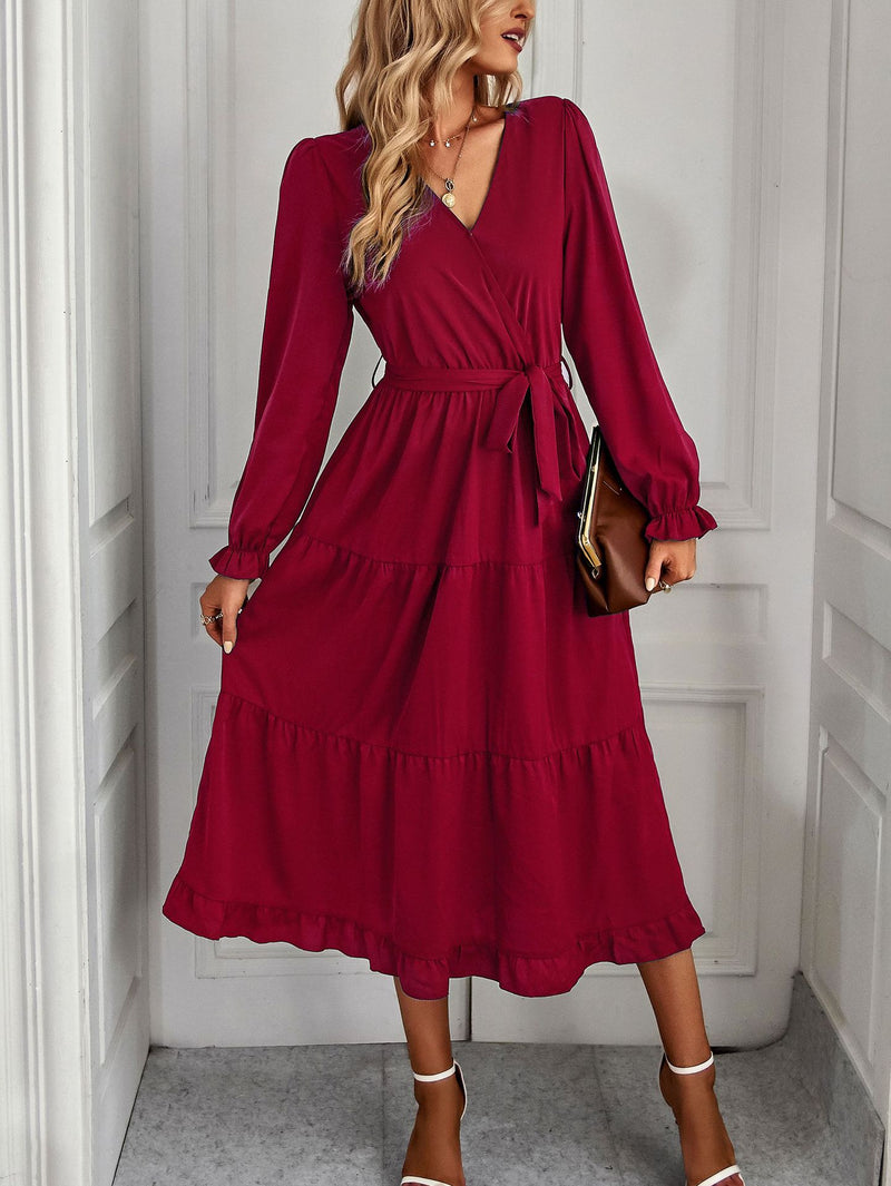 Solid Color Tie-Up Waist Long Sleeve Smocked Dress Wholesale Dresses