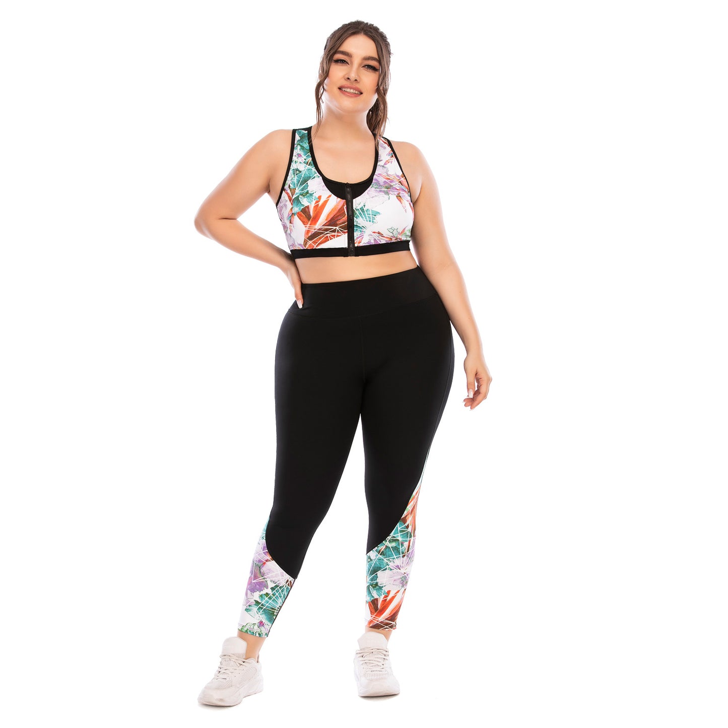 Sport Zip Bra & Leggings Printed Curvy Fitness Yoga Suits Workout Plus Size Two Piece Sets Wholesale Activewears