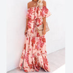 Printed Lace-Up Off Shoulder Big Swing Smocked Dress Vacation Wholesale Maxi Dresses SD531767