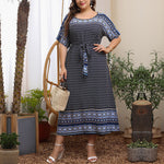 Casual Print Lace-Up Midi Dress Loose Short Sleeve Plus Size Wholesale Dresses