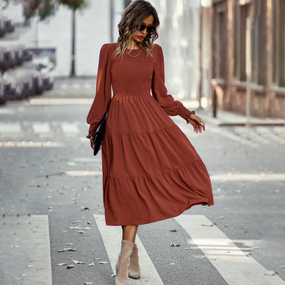 Casual High Waist Swing Dress Solid Color Long Sleeve Midi Wholesale Dresses