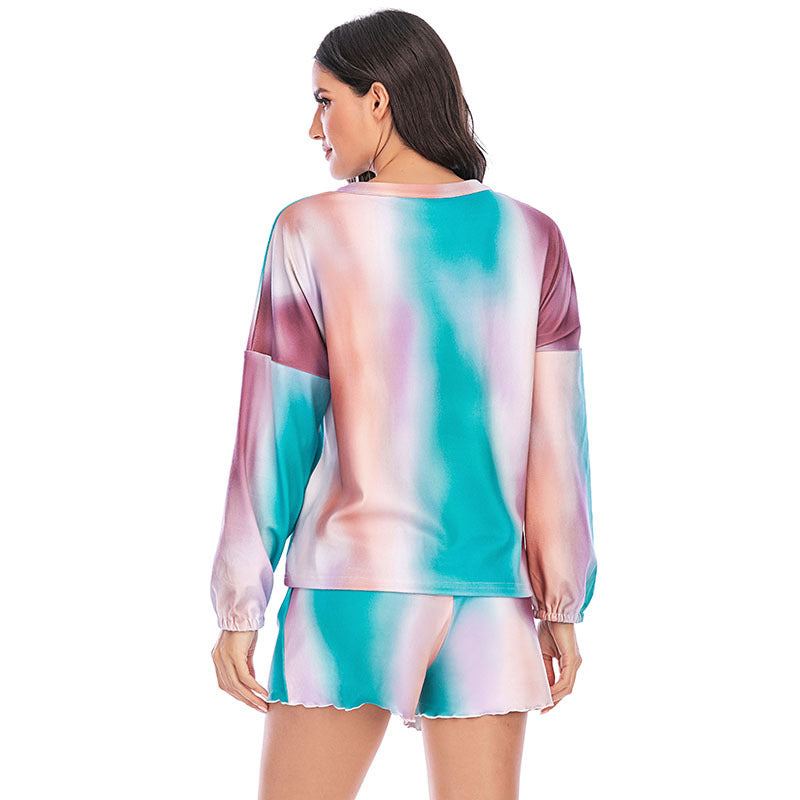 Tie Dye Print Long Sleeve Tops & Shorts Homewear Pajamas Sets Wholesale Loungewear