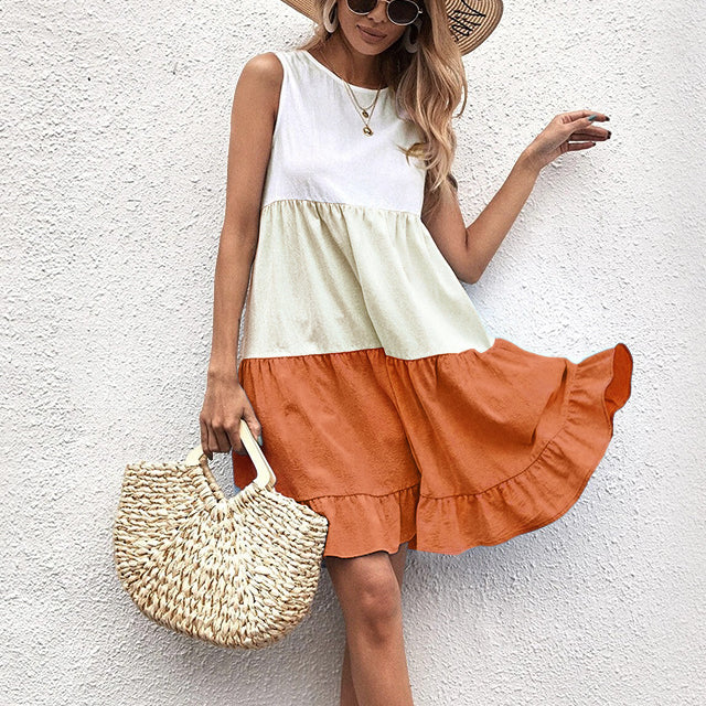 Loose Casual Colorblock Ruffled Sleeveless Wholesale Dresses