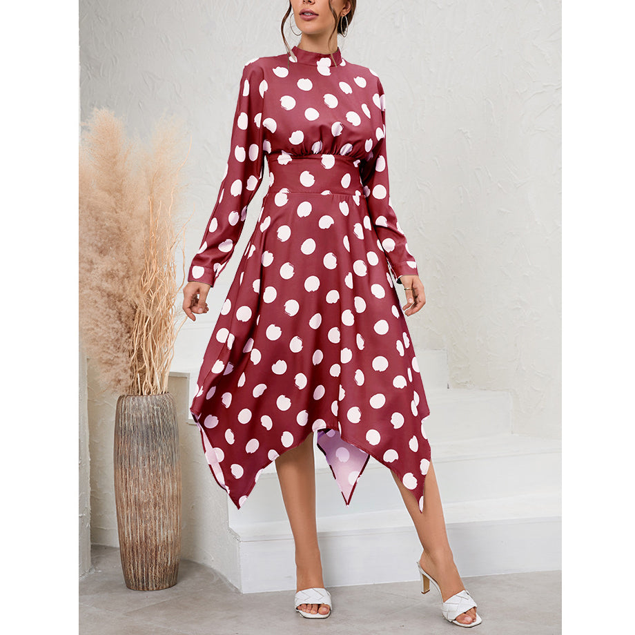 Casual Polka Dot A-Line Midi Dress Slim Long Sleeve Irregular Wholesale Dresses