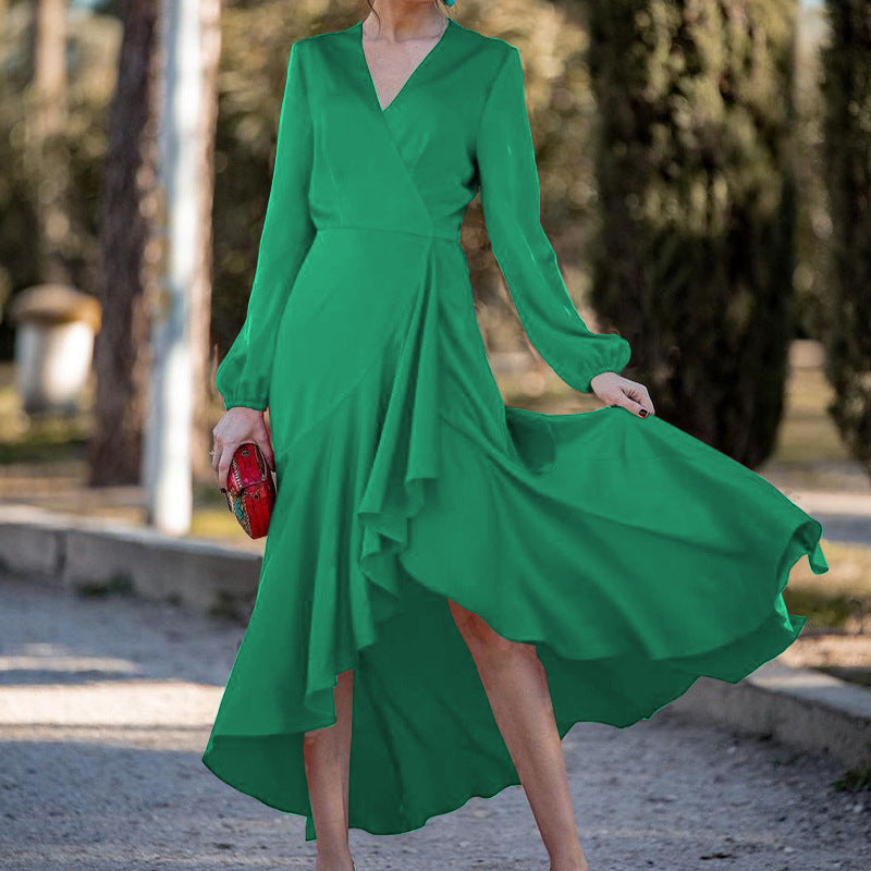 Fashionable Long-Sleeved V-Neck Irregular Ruffled Maxi Dress Wholesale Dresses