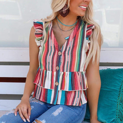 Striped Print Ruffled Women Sleeveless Shirts Wholesale Tank Tops